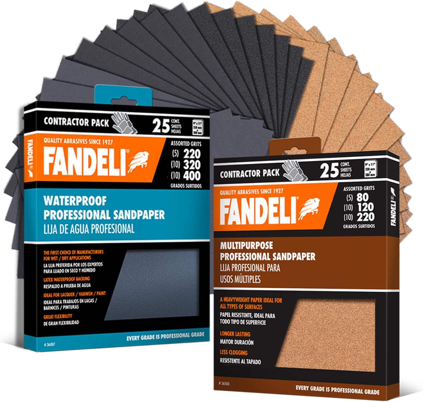 Fandeli | Pack Multi-Purpose Sandpaper Pack + Waterproof Sandpaper | 50 Sheets | Assorted Multi-Purpose (80, 120, 220), Waterproof (220, 320, 400) | 23 x 28 cm | Perfect for Sanding Metal and Wood