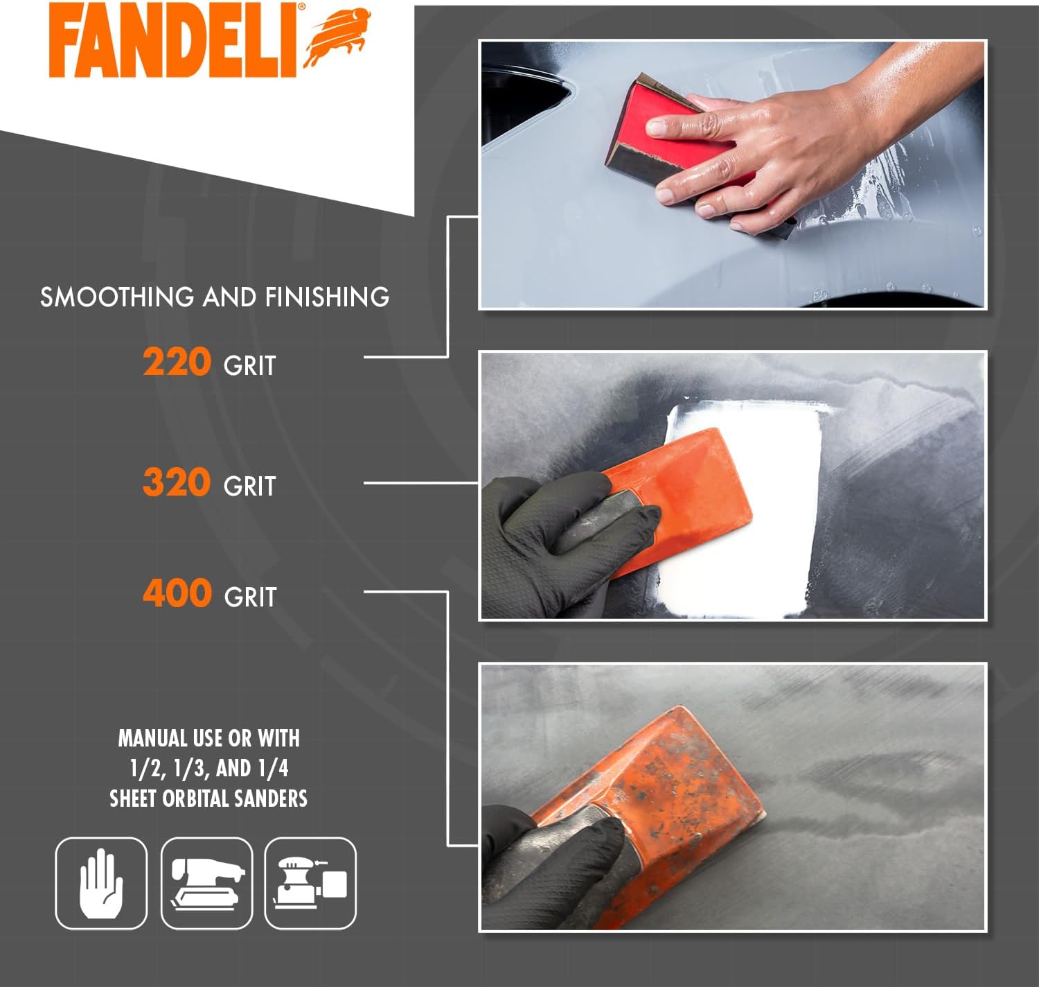 Fandeli | Pack Multi-Purpose Sandpaper Pack + Waterproof Sandpaper | 50 Sheets | Assorted Multi-Purpose (80, 120, 220), Waterproof (220, 320, 400) | 23 x 28 cm | Perfect for Sanding Metal and Wood - Image 6